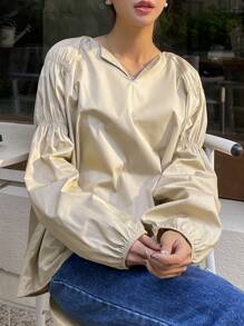 DAZY Notched Neckline Lantern Sleeve Blouse - Apricot - View 2