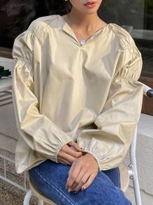 DAZY Notched Neckline Lantern Sleeve Blouse - Apricot - View 3