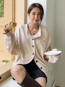 DAZY 字母補丁細節落肩袖飛行員夾克 - 杏色 - 查看 8