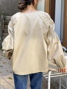 DAZY Notched Neckline Lantern Sleeve Blouse - Apricot - View 7