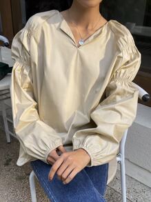 DAZY Notched Neckline Lantern Sleeve Blouse - Apricot - View 8