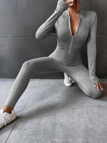 SHEIN Unity Half Zipper Unitard Jumpsuit - Light Grey - View 1
