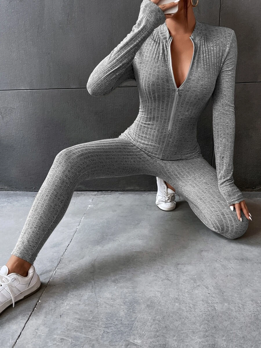 SHEIN Unity Half Zipper Unitard Jumpsuit - Light Grey - View 1