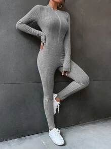 SHEIN Unity Half Zipper Unitard Jumpsuit - Light Grey - View 3