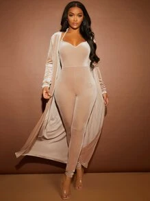 SHEIN SXY 露背繞頸絲絨連身褲和開門襟外套 - 卡其色 - 查看 3