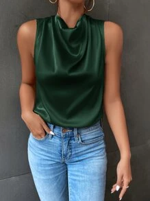 SHEIN Privé Draped Collar Keyhole Back Satin Blouse - Dark Green - View 1