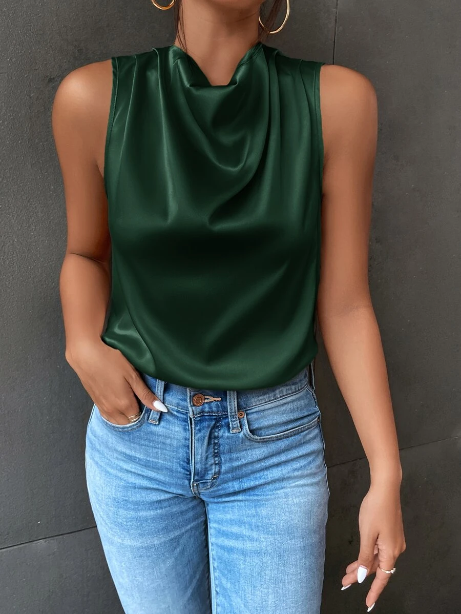 SHEIN Privé Draped Collar Keyhole Back Satin Blouse - Dark Green - View 1