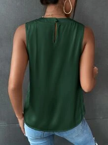 SHEIN Privé Draped Collar Keyhole Back Satin Blouse - Dark Green - View 2