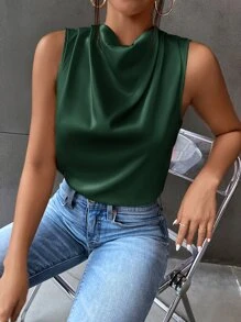 SHEIN Privé Draped Collar Keyhole Back Satin Blouse - Dark Green - View 5