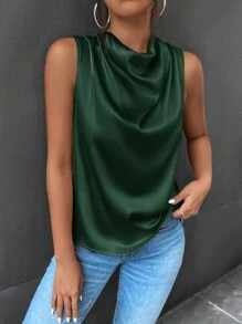 SHEIN Privé Draped Collar Keyhole Back Satin Blouse - Dark Green - View 6