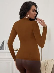 SHEIN SXY Spring Asymmetrical Collar Hollow Sexy Tight Long-Sleeved T-Shirt - Brown - View 2