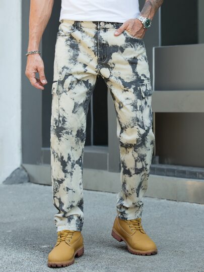 Homme Jean cargo tie dye poche à rabat