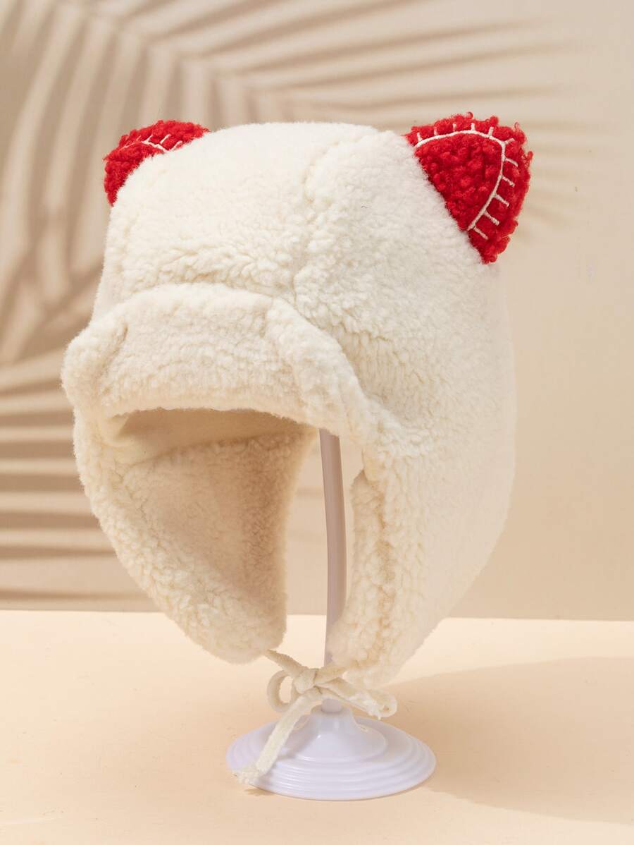 Toddler Girls Cartoon Ear Decor Fluffy Trapper Hat - Beige - View 1