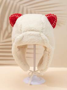 Toddler Girls Cartoon Ear Decor Fluffy Trapper Hat - Beige - View 2