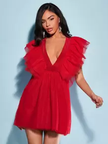 SHEIN BAE فستان شبكي شامل ياقة مغرق مقلم بكشكش