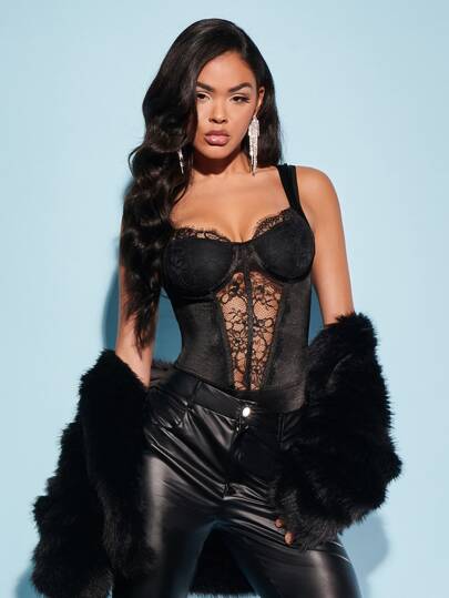SHEIN BAE Lace Insert Bustier Cami Bodysuit