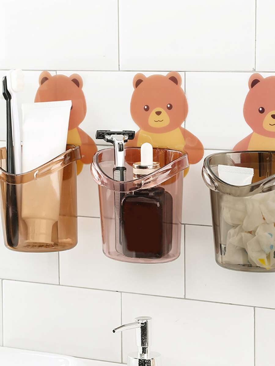 1pc Bear Decor Random Color Toothbrush Storage Box, Cute Wall Mounted Toothbrush Holder For Bathroom - Multicolor - View 1
