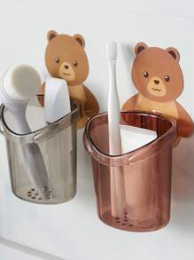 1pc Bear Decor Random Color Toothbrush Storage Box, Cute Wall Mounted Toothbrush Holder For Bathroom - Multicolor - View 3