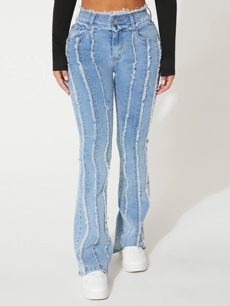 SHEIN PETITE Raw Trim Flare Leg Jeans - Light Wash - View 1