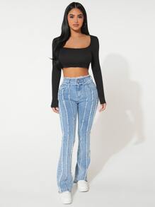 SHEIN PETITE Raw Trim Flare Leg Jeans - Light Wash - View 3