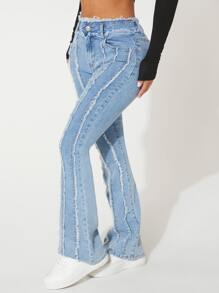 SHEIN PETITE Raw Trim Flare Leg Jeans - Light Wash - View 4