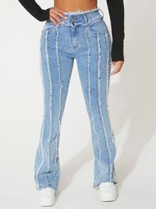 SHEIN PETITE Raw Trim Flare Leg Jeans - Light Wash - View 5