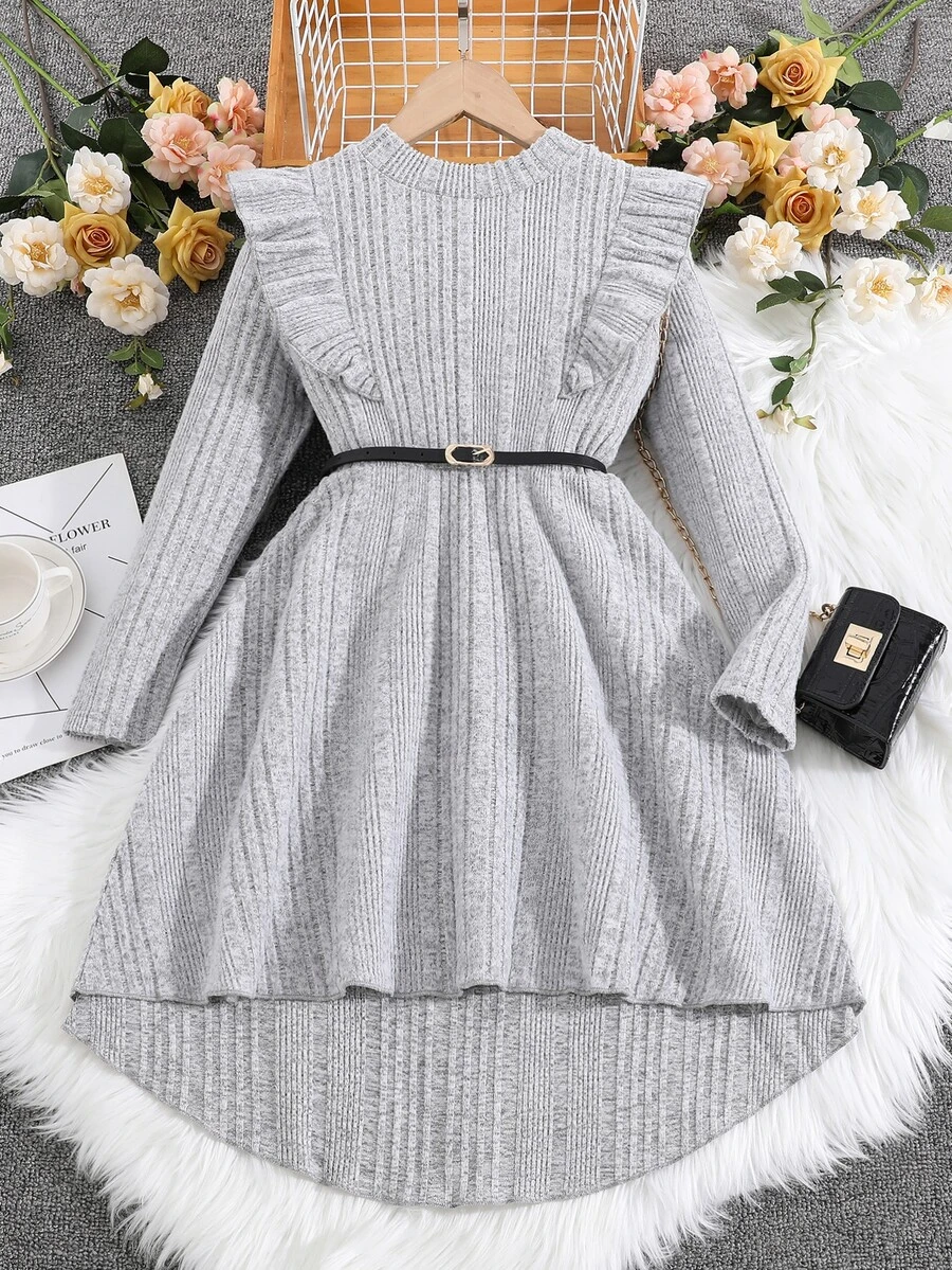 Chicas Vestido con cinturón ribete con fruncido bajo irregular - Gris Claro - Ver 1