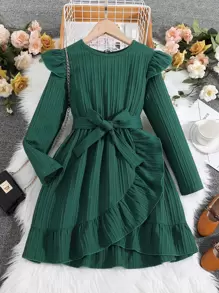 Girls Ruffle Trim Wrap Hem Belted Dress - Dark Green - View 1