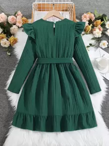 Girls Ruffle Trim Wrap Hem Belted Dress - Dark Green - View 2