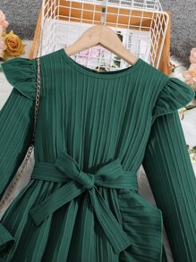 Girls Ruffle Trim Wrap Hem Belted Dress - Dark Green - View 3