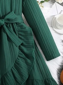 Girls Ruffle Trim Wrap Hem Belted Dress - Dark Green - View 4