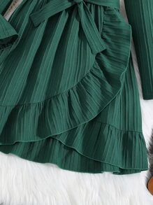 Girls Ruffle Trim Wrap Hem Belted Dress - Dark Green - View 5