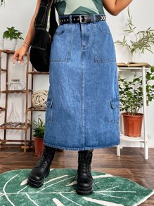 SHEIN ICON 大碼高腰翻蓋後背開衩口袋牛仔半身裙不附腰帶 - 中等水洗藍 - 查看 1