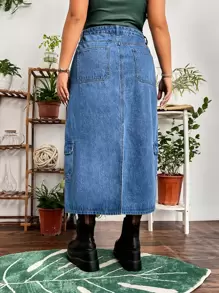 SHEIN ICON 大碼高腰翻蓋後背開衩口袋牛仔半身裙不附腰帶 - 中等水洗藍 - 查看 2