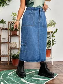 SHEIN ICON 大碼高腰翻蓋後背開衩口袋牛仔半身裙不附腰帶 - 中等水洗藍 - 查看 3