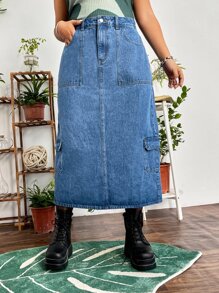 SHEIN ICON 大碼高腰翻蓋後背開衩口袋牛仔半身裙不附腰帶 - 中等水洗藍 - 查看 5