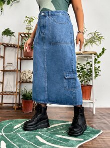 SHEIN ICON 大碼高腰翻蓋後背開衩口袋牛仔半身裙不附腰帶 - 中等水洗藍 - 查看 6