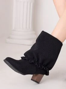 Ruffle Trim Chunky Heeled Slip-On Boots - Black - View 4