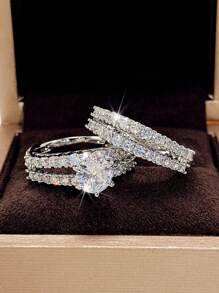 Bộ 2 chiếc/Bộ nhẫn Cubic Zirconia sang trọng dành cho phụ nữ làm đồ trang sức cưới Quà tặng ngày lễ tình nhân, Mẹ, Mẹ, Ngày của Mẹ, Quà tặng - Bạc - Xem 2