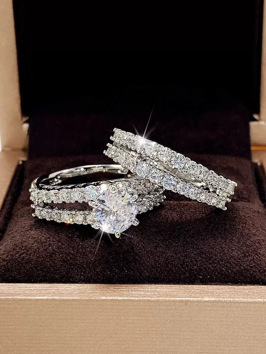 Bộ 2 chiếc/Bộ nhẫn Cubic Zirconia sang trọng dành cho phụ nữ làm đồ trang sức cưới Quà tặng ngày lễ tình nhân, Mẹ, Mẹ, Ngày của Mẹ, Quà tặng