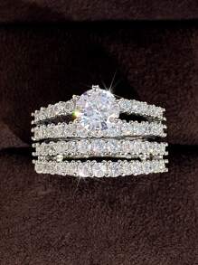 Bộ 2 chiếc/Bộ nhẫn Cubic Zirconia sang trọng dành cho phụ nữ làm đồ trang sức cưới Quà tặng ngày lễ tình nhân, Mẹ, Mẹ, Ngày của Mẹ, Quà tặng - Bạc - Xem 3