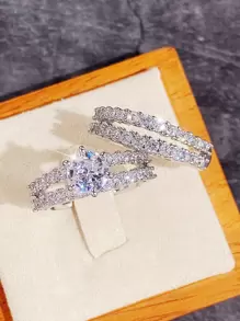 Bộ 2 chiếc/Bộ nhẫn Cubic Zirconia sang trọng dành cho phụ nữ làm đồ trang sức cưới Quà tặng ngày lễ tình nhân, Mẹ, Mẹ, Ngày của Mẹ, Quà tặng - Bạc - Xem 5