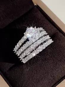 Bộ 2 chiếc/Bộ nhẫn Cubic Zirconia sang trọng dành cho phụ nữ làm đồ trang sức cưới Quà tặng ngày lễ tình nhân, Mẹ, Mẹ, Ngày của Mẹ, Quà tặng - Bạc - Xem 6