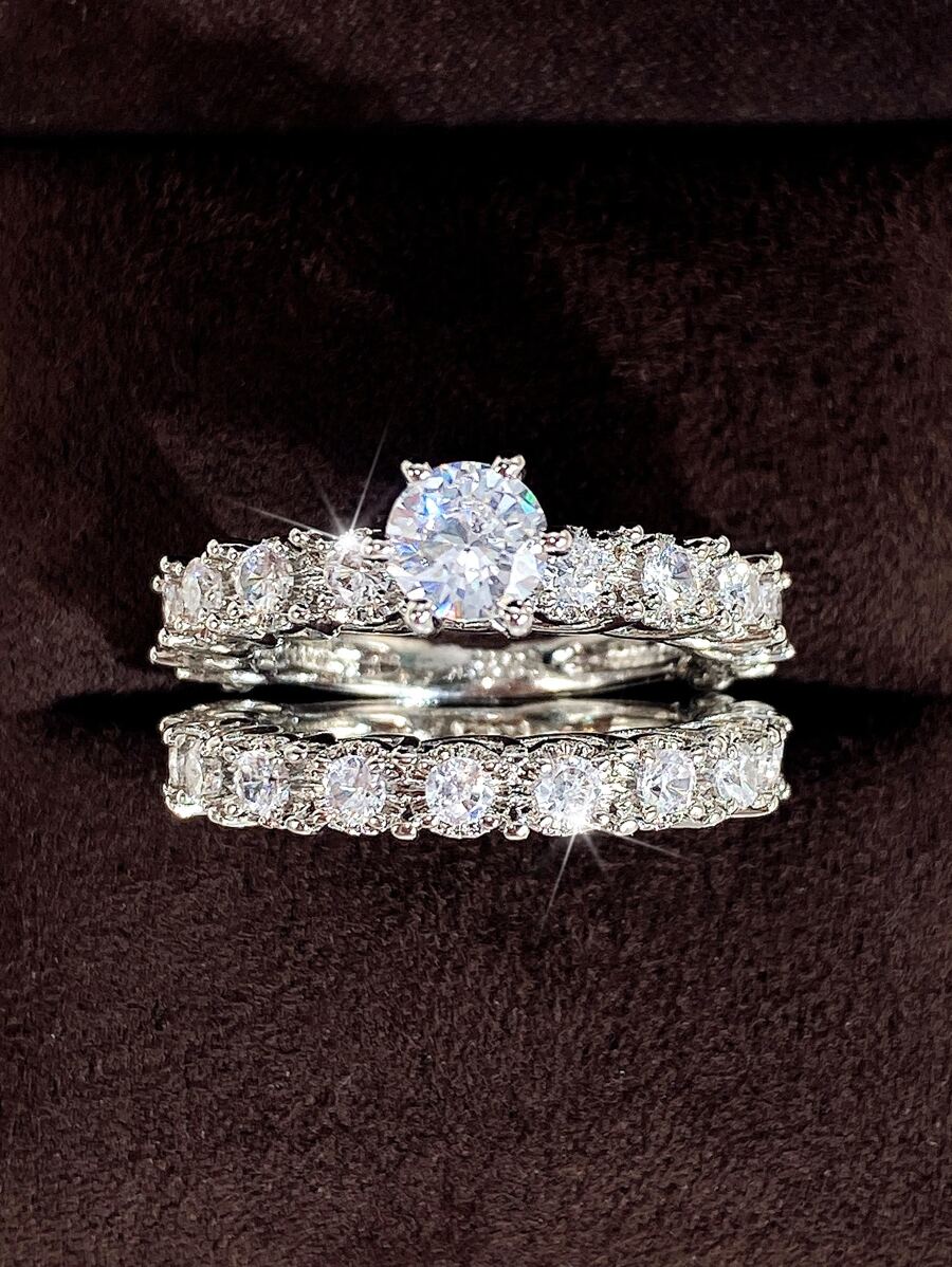 Bộ 2 Nhẫn Đính Đá Cubic Zirconia Thanh Lịch Cho Nữ Cho Tiệc Cưới Trang Sức Lễ Tình Nhân Quà Tặng