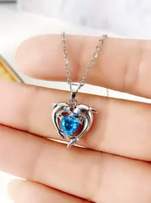 方晶锆石心形和海豚吊坠项链 情人节、妈妈、母亲、母亲节、礼物 - 淺藍色 - 查看 1