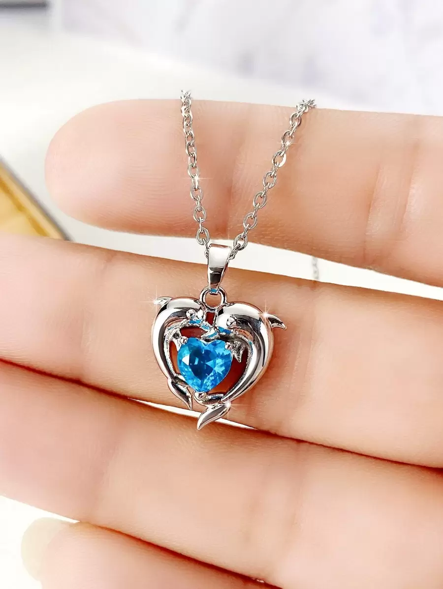 方晶锆石心形和海豚吊坠项链 情人节、妈妈、母亲、母亲节、礼物 - 淺藍色 - 查看 1