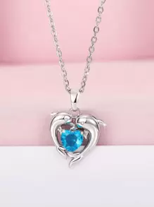 方晶锆石心形和海豚吊坠项链 情人节、妈妈、母亲、母亲节、礼物 - 淺藍色 - 查看 2