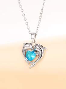 方晶锆石心形和海豚吊坠项链 情人节、妈妈、母亲、母亲节、礼物 - 淺藍色 - 查看 3