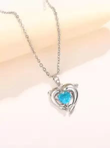 方晶锆石心形和海豚吊坠项链 情人节、妈妈、母亲、母亲节、礼物 - 淺藍色 - 查看 5