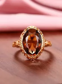 1入組時尚方晶鋯石戒指適合女士適合情人節禮品婚禮訂婚首飾類 - 棕色 - 查看 2